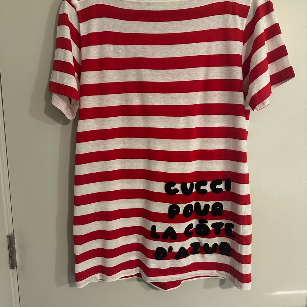 Women’s Red and White Striped T-Shirt with gold buttons